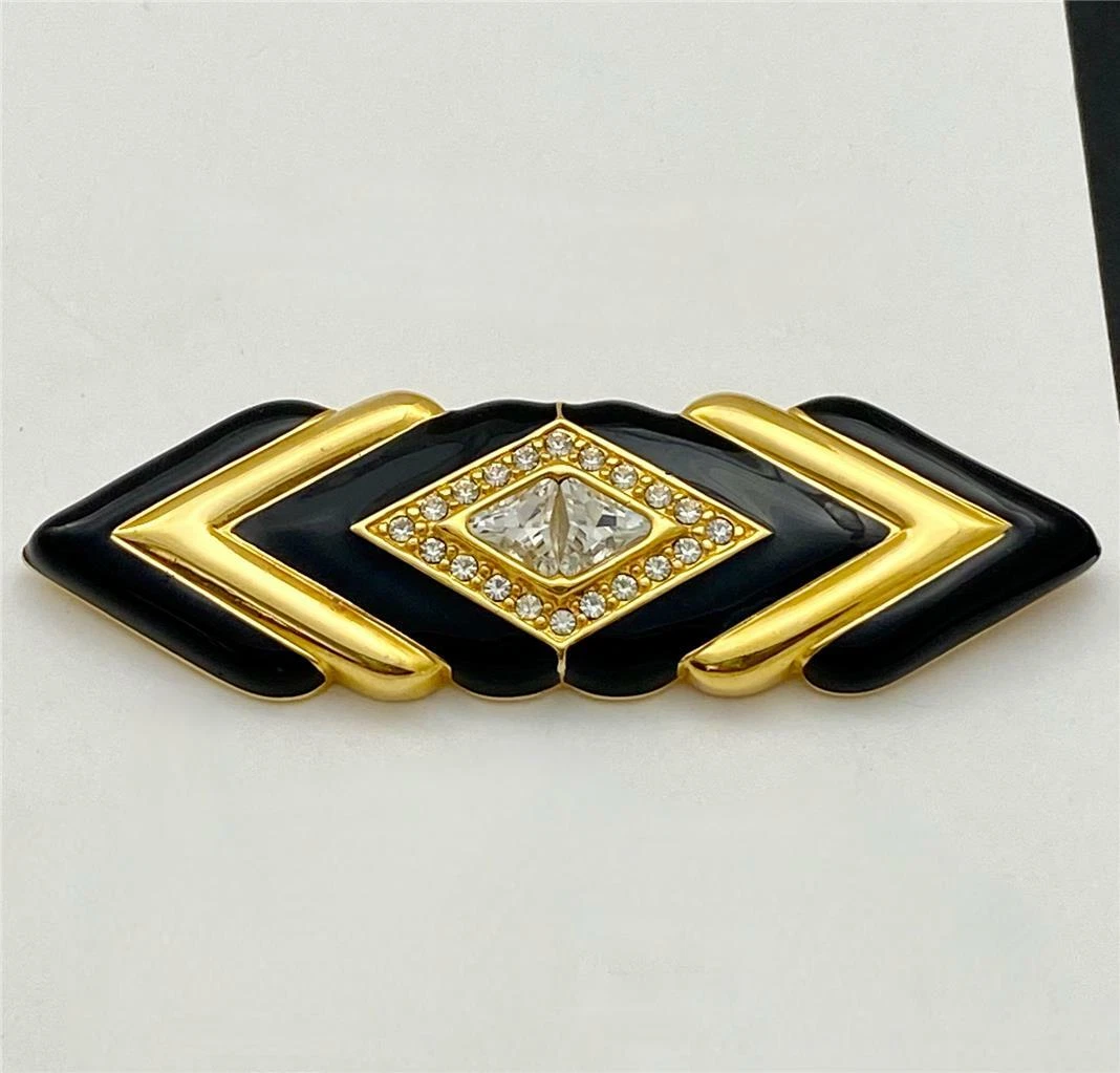 Swarovski S.A.L. vintage Smalto nero stile Art Decò cristallo oro pl. Spilla spilla