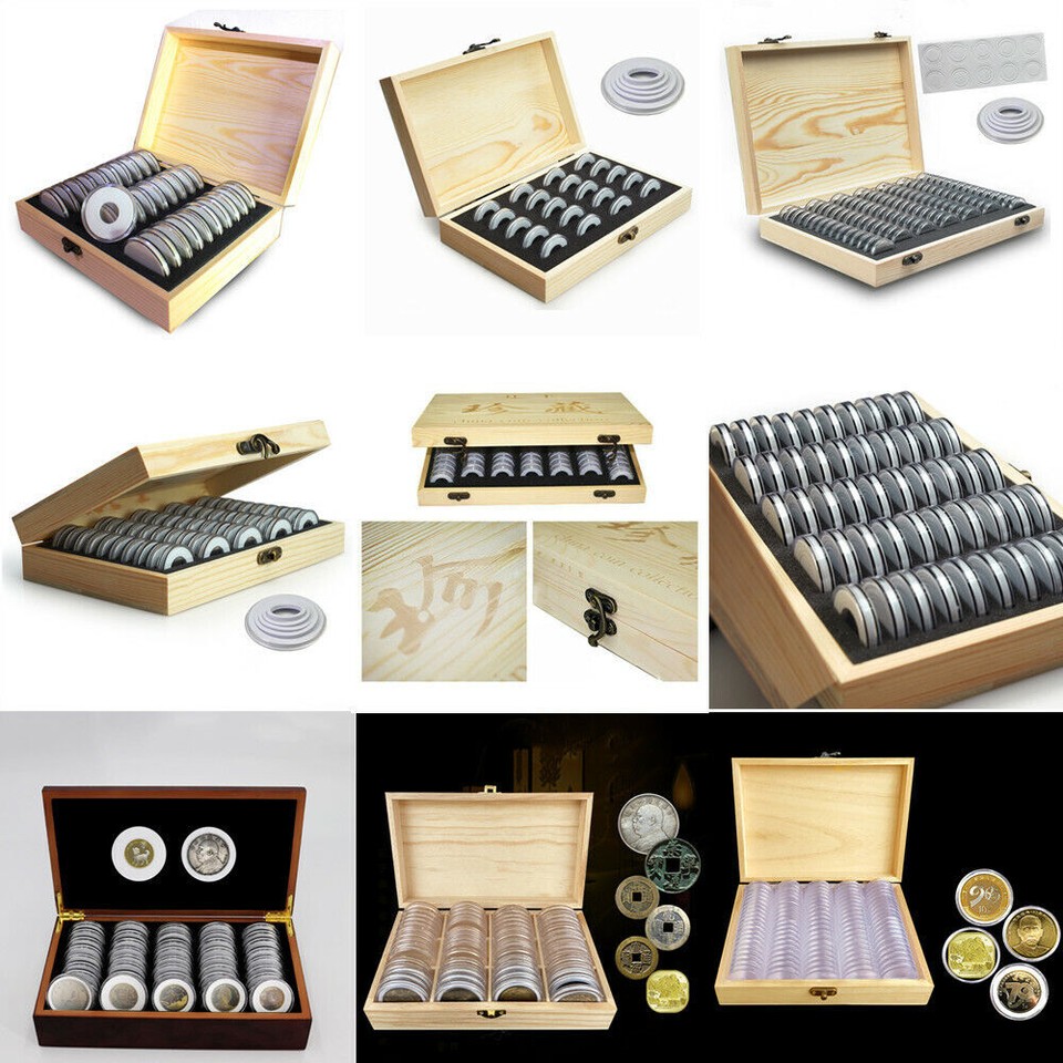 Coins Capsules Coins Box Wooden Storage Box Display Case Coins ...