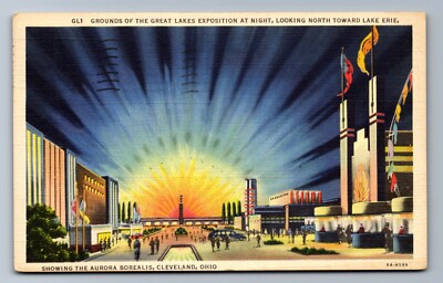 C.1935 GREAT LAKES EXPO, AURORA BOREALIS, NIGHT, ERIE, CLEVELAND OH Postcard P26