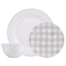 Dinnerware Set 12 Piece Rustic Cottage Grey White Service for 4