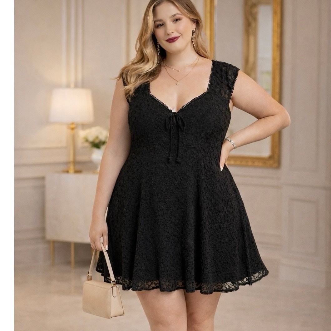 fitted lace wedding dress WDIRARA Women's Plus Size Deep V Neck Bubble Dress Short Sleeve A Line Mini  Dresses Black Large Plus at Amazon Women's Clothing store main image 0