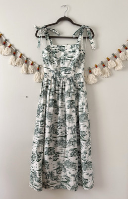 Rachel Zoe Toile Scenic Print Smock Bow Straps Maxi Dress Cottage Romantic Green