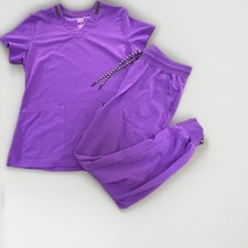 Womens Purple Sz Large Beyond Cozy Scrubs Set V-Neck Top Jogger Pants