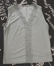 SHEIN L Sage Green Knit 3D Floral Front V Neck Eyelet LaceTUNIC Tank TOP Blouse