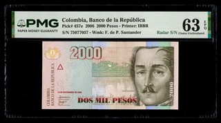 Colombia 2006 2000 Pesos P#457e Radar S/N 7507757 PMG Choice UNC 63 EPQ