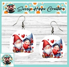 Earrings Round Silver Hook Backs Cute Gnome Couple Hearts Valentine's Day MDF