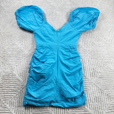 DO+BE Ruched Puff Sleeve Mini Dress Women's Medium Turquoise Party Date Club