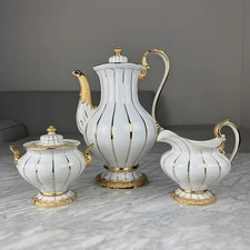 Meissen Antique Hand Painted Gold Leaf Gilded X-Form Coffee Pot, Creamer & Sugar
