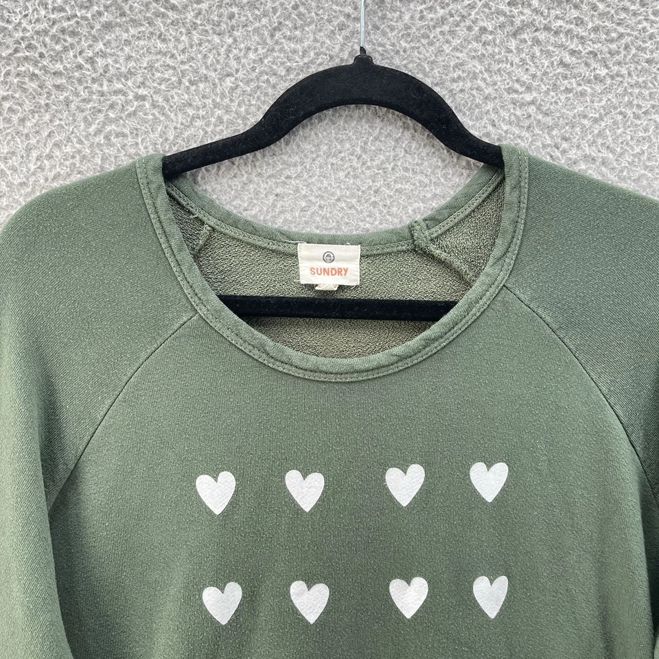 Sundry Sweatshirt Women 2 Forest Green Multi Heart Print French Terry Comfort - Image 3 of 4