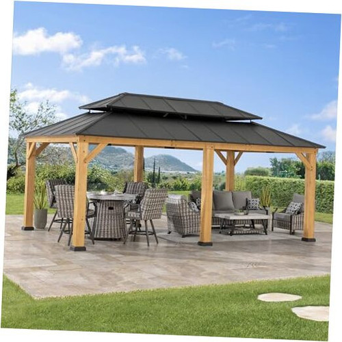 12 x 20 ft. Wood Gazebo, Outdoor Patio Aluminum Hardtop Gazebo, Cedar Framed