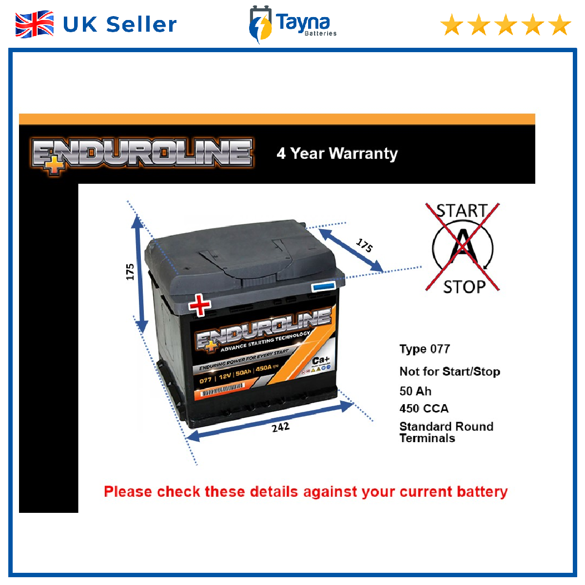 Battery fits PEUGEOT 404 504 1.6 1.8 2.0 2.7 077 450A 50Ah Enduroline