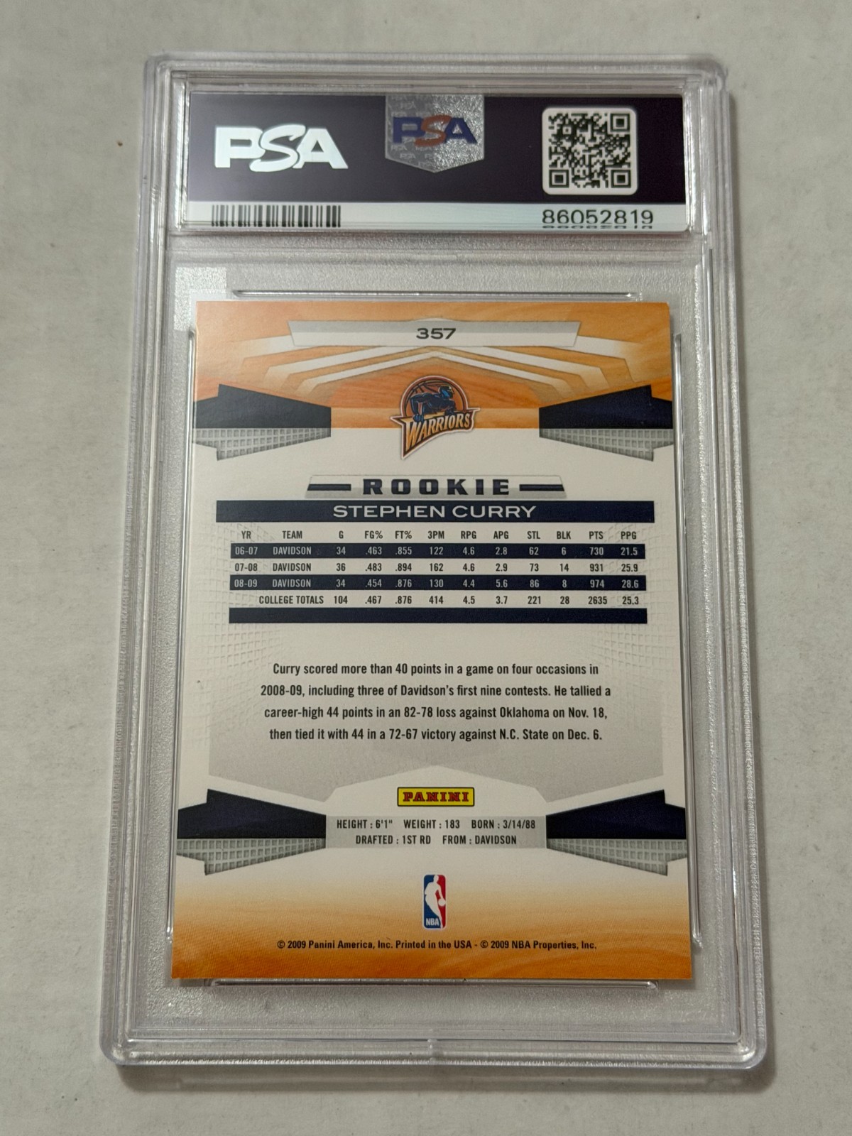 2009-10 Panini Stephen Curry #357 Rookie Signed  PSA DNA 6/9 Auto Warriors view 2