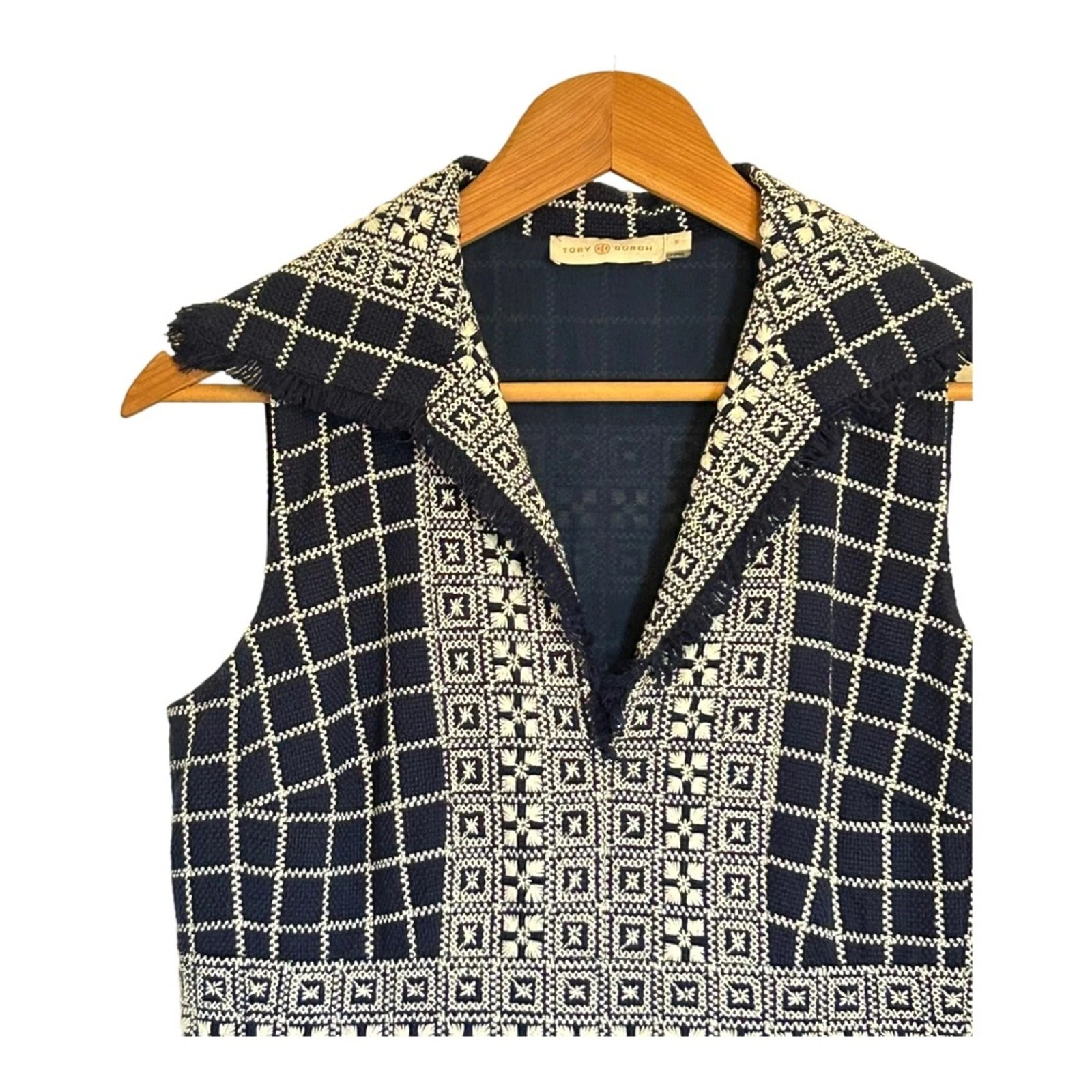 Abito Tory Burch blu navy Carlsbad tweed con frange taglia 6