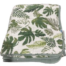 Little Unicorn Muslin Quilt Blanket Baby Tropical Leaf Green White Multi Layered