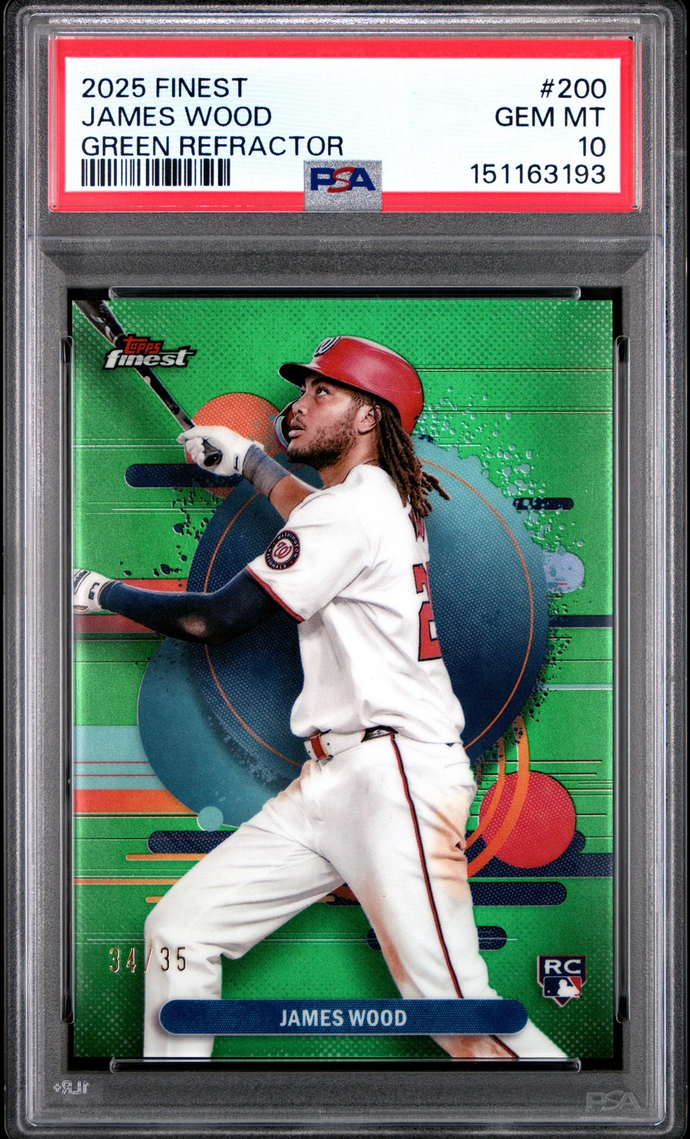 2025 James Wood Topps Finest Uncommon Green Refractor Rookie /35 PSA 10