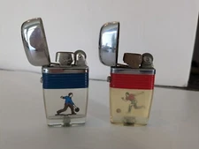 2 Vintage Scripto Vu Lighters Chrome & Red & Blue Band Cigarette Lighter BOWLERS