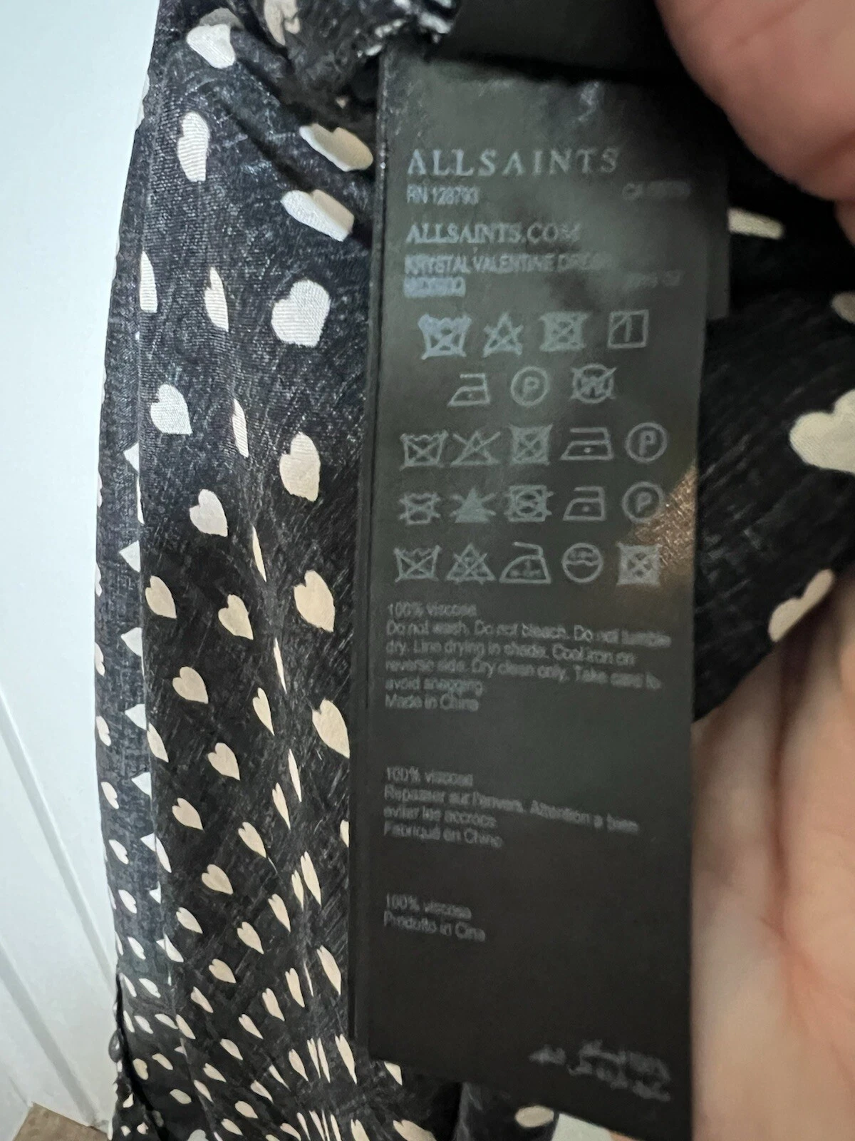 Abito All Saints Krystal San Valentino avvolgente taglia M nero bianco cuori manica corta