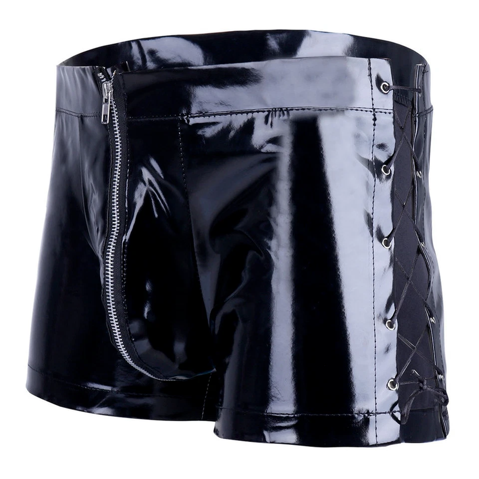 Herren PVC Shorts Boxershorts Unterwäsche Lackleder Sexy Clubwear PU Zip Spitze - Bild 4 von 4