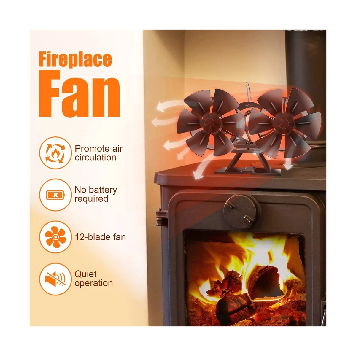 Wood Stove Fan Heat Powered, 12 Blades Double Motors Fireplace Fan +  Magnetic... | eBay