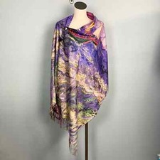 Sailboat Painting Print Fringed Button Scarf Shall Wrap Poncho Purple Women's OS