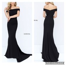 Sherri Hill Fitted Scuba Mermaid Off Shoulder Neckline Black Dress Gown Size 2