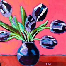 Jeri Dube Painting Impressionism Collectible Tulips Vase 12" x 12" Wood Panel