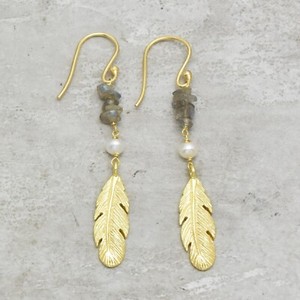 Authentic Natural Labradorite & pearl dangle earring, Brass 22k gold plated earrings