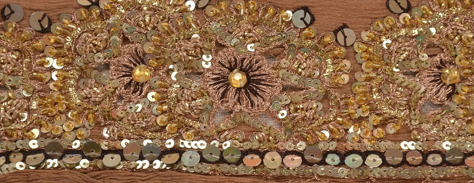 Sanskriti Vintage Sari Borda Artesanato com Contas de Mão 1 Jarda Acabamento Renda 3"W Seda Pura Marrom - Imagem 3 de 4