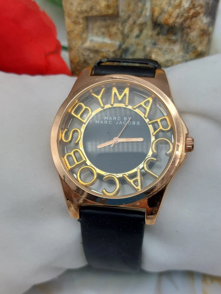 Signed Marc by Marc Jacobs Rose Gold Skeleton Watch Black Leather Band Beckel - Image 3 of 4