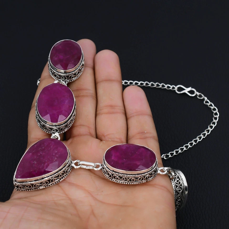 Kashmir Ruby Gemstone Necklace 925 Sterling Silver Jewelry For Birthday Gifts - Image 4 of 4