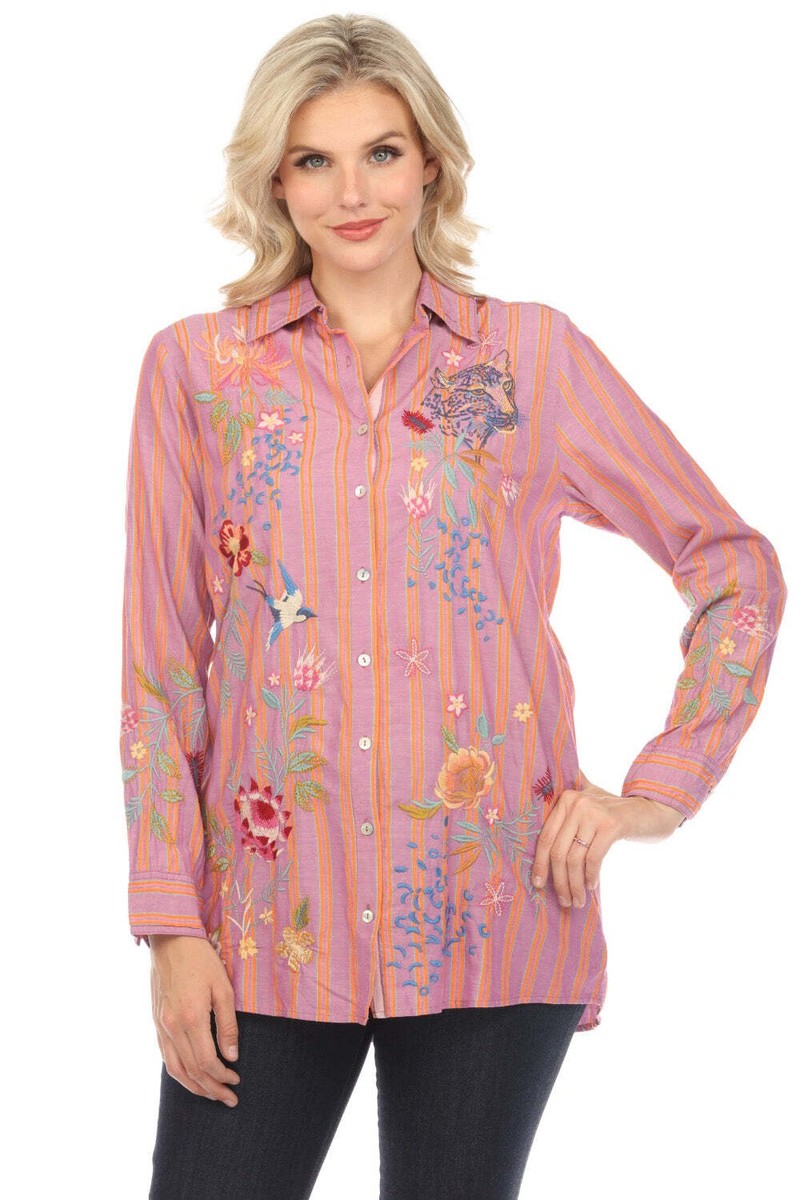 Johnny Was Workshop Stripe Indalo Button Down Shirt Tunic