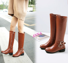 Women Round Toe Block Heel Knee Length Boots Side Zipper Knight Pu Lether Boots