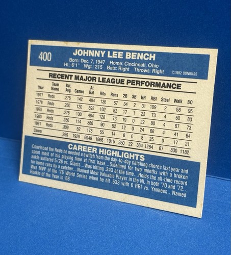 1982 Donruss #400 Johnny Bench Cincinnati Reds - Picture 5 of 6