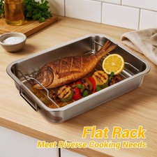 16" Roasting Pan with Rack & Handle Stainless Steel Turkey Baking Roasting Tray