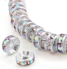 200Pcs 6mm Rondelle Spacer Beads Silver Plated AB Color Crystal Rhinestone for J