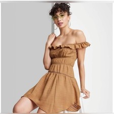 Wild Fable Brown Ruffle Off Shoulder Mini Dress Size M NWT Boho Cottagecore