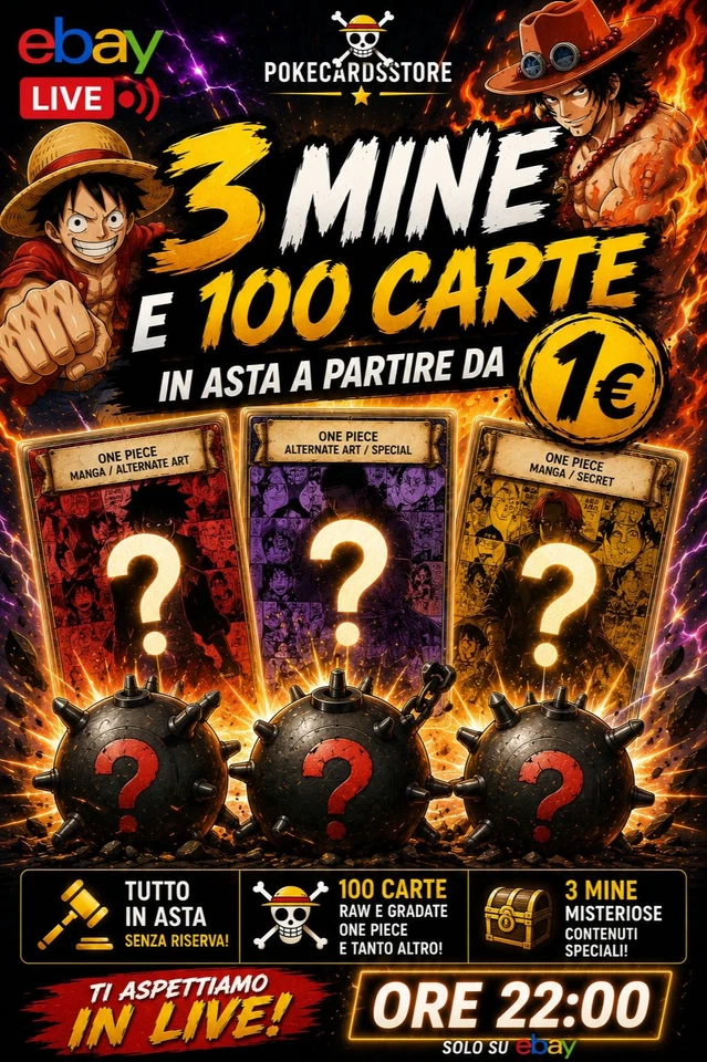 💣 3 Mine Misteriose, 100 carte One Piece in asta da 1€!