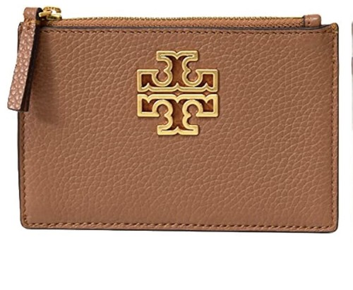 Tory Burch Britten Zip Card Case Brown Pebbled Leather Gold Logo Wallet