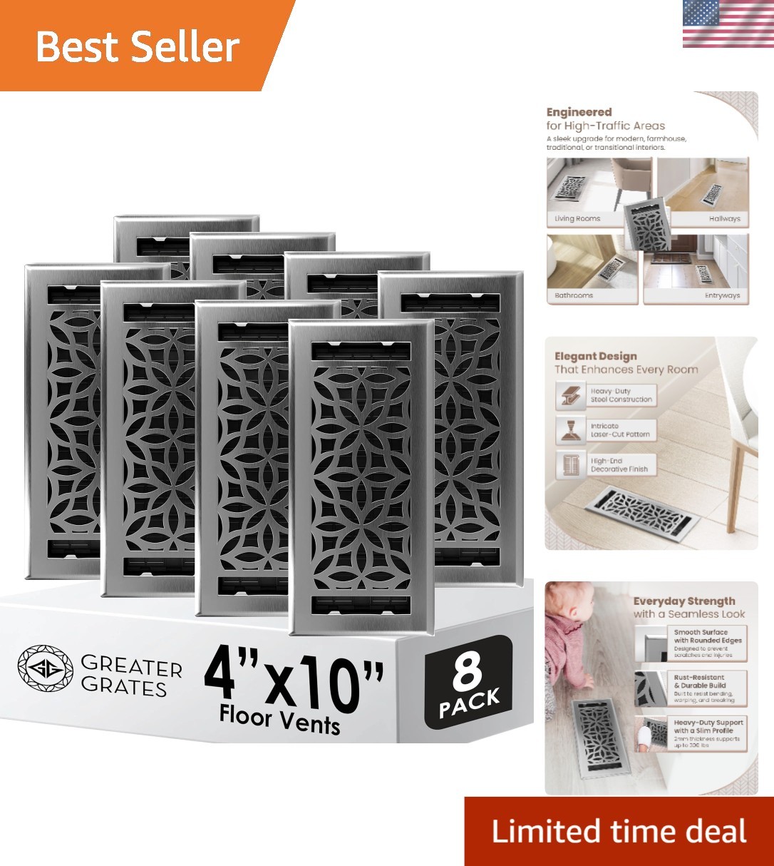 Floor Register 4x10 Pack Steel Vent Cover Decorative Floral Brushed Nickel