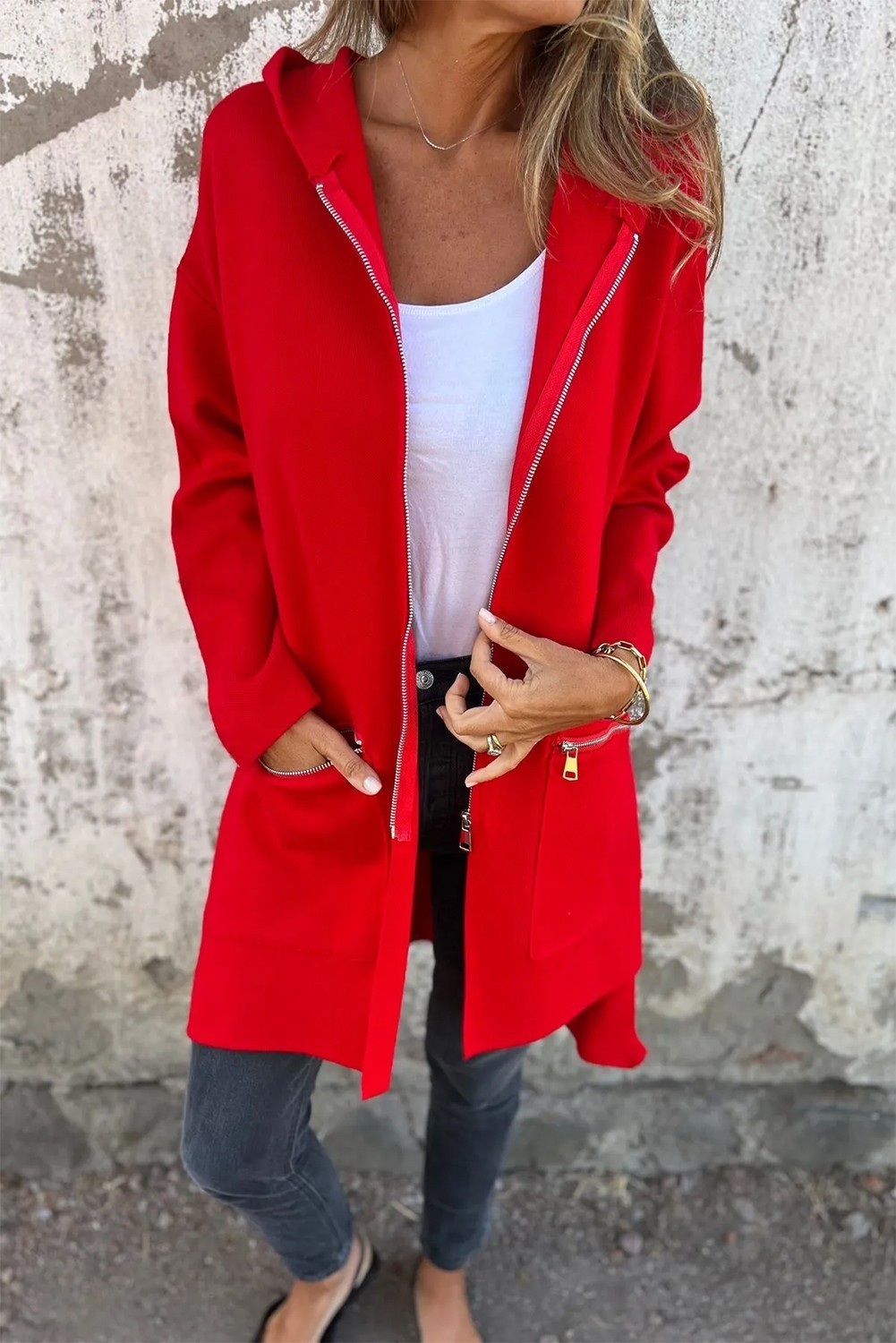 Women's Red Hooded Coat S Casual Zip Up Longline Hoodie Jacket UK Size 8 image 3
