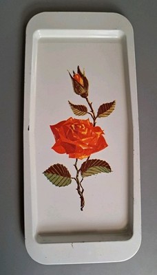 Vintage 60er Retro Kitsch Slim Rechteckig Mini Blech Tablett Stiel Rosen Design   