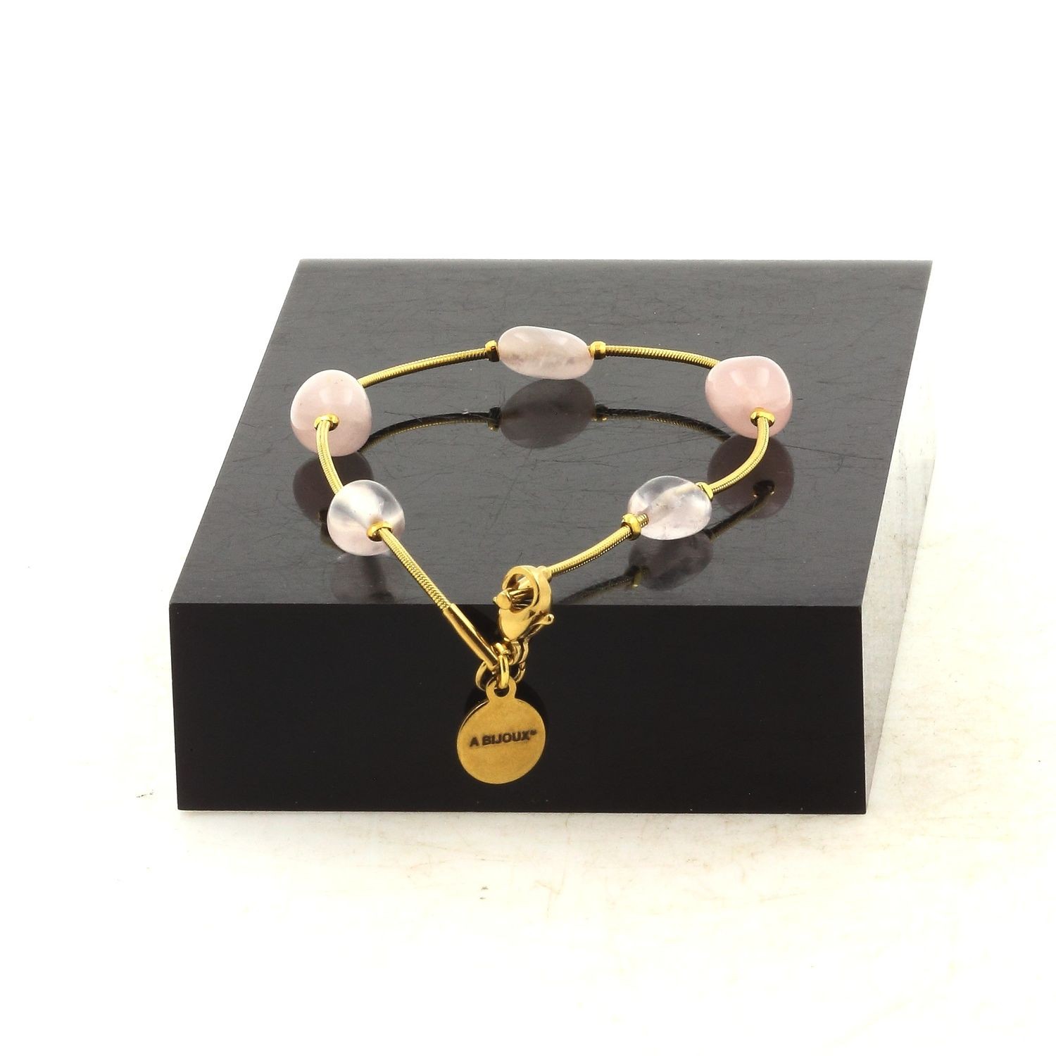 Bracelet doré en acier inoxydable et 5 perles de Quartz rose du Brésil véritable