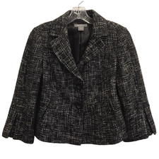 Ann Taylor Tweed Blazer Jacket 3/4 Sleeve Pleated Cuffs Black White Lined Size 4