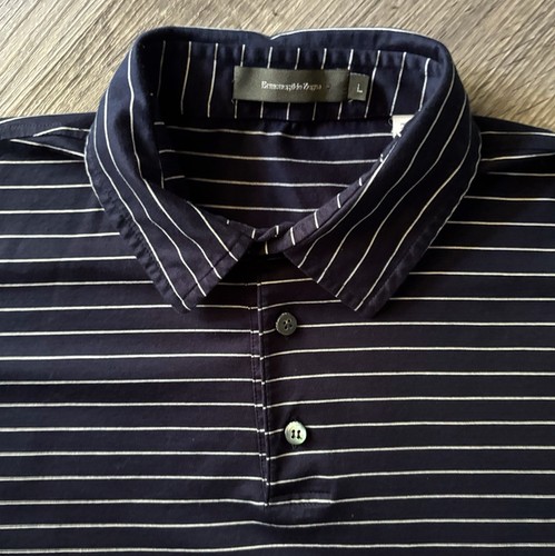 Ermenegildo Zegna Navy White Striped Short Sleeve Polo Shirt Size Large - Picture 2 of 5