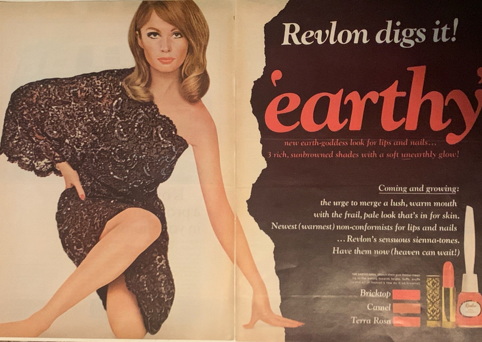 1965 Revlon Lipstick / Nail Polish PRINT AD Earth Goddess Look VTG 1960s Earthy