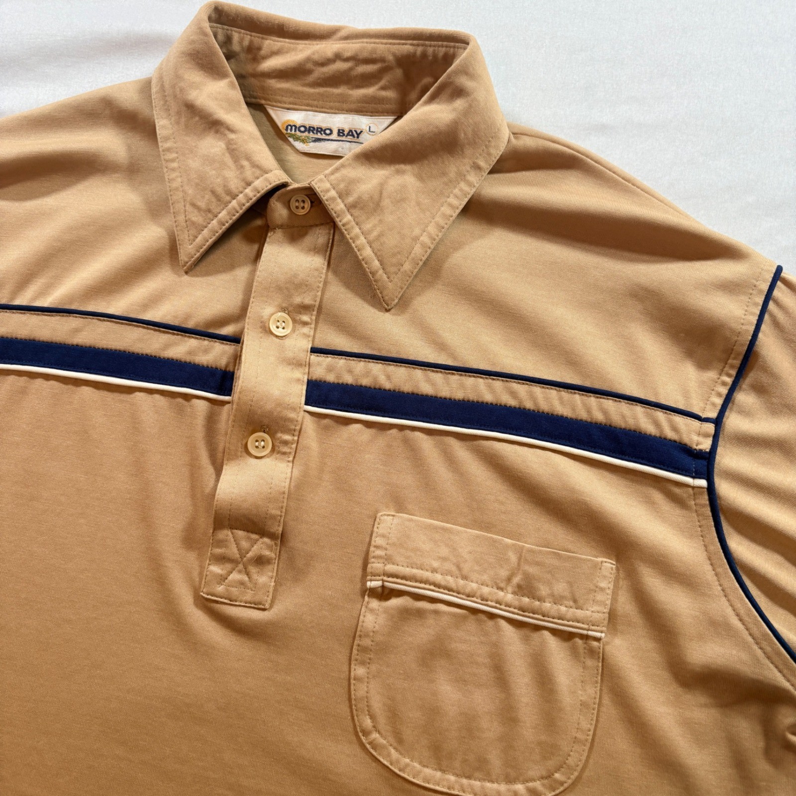 Morro Bay Polo Shirt Mens Large Tan Vintage Striped Short Sleeve Pocket Retro