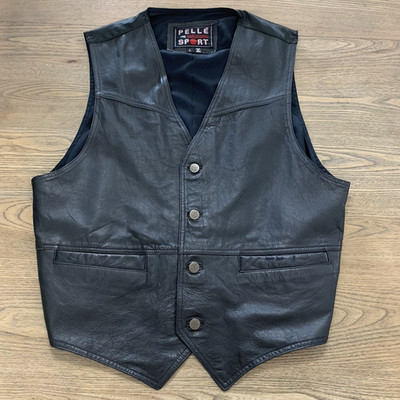 Vintage Pelle Sport Wyoming Leather Biker Vest Mens L Black Snap Up Waistcoat