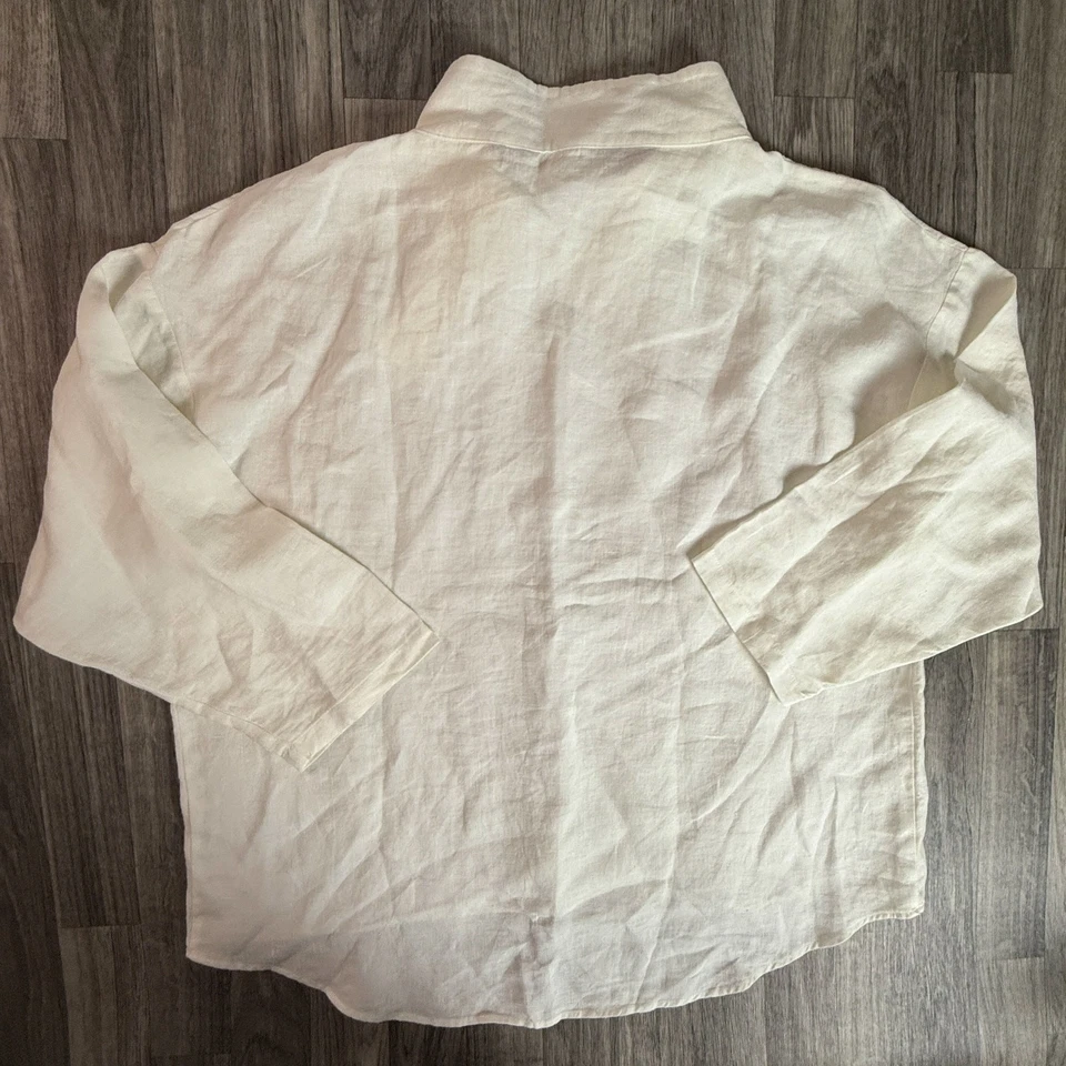 Blusa ZARA Mujer Blanca Lino Cuello Botón Manga Larga Cuello Simulado Talla M Foto 2 de 4