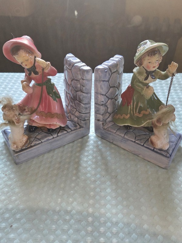 Vintage /Ant.  MCM GIRLS WALKING THEIR DOGS BOOKENDS  GOEBEL HUMMEL GOOD FRIENDS