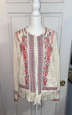 BIYA-JOHNNY WAS-Knit Embroidered Open Front Fringe Cardigan Top Sz L 39 Chest